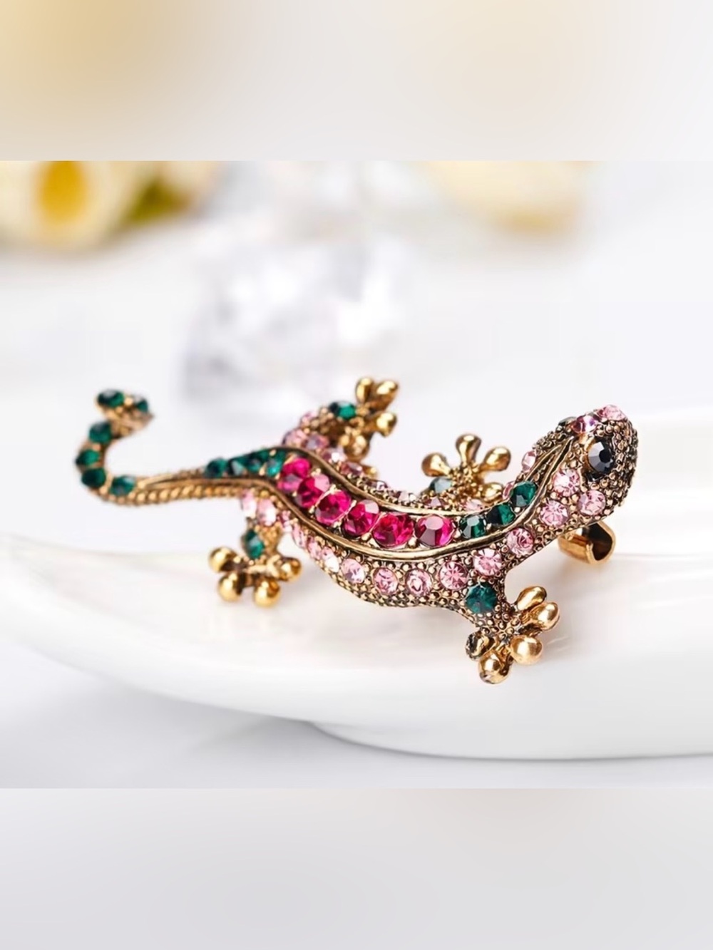 Gold-Tone Pink & Green Crystal Lizard Brooch new - Picture 5 of 6
